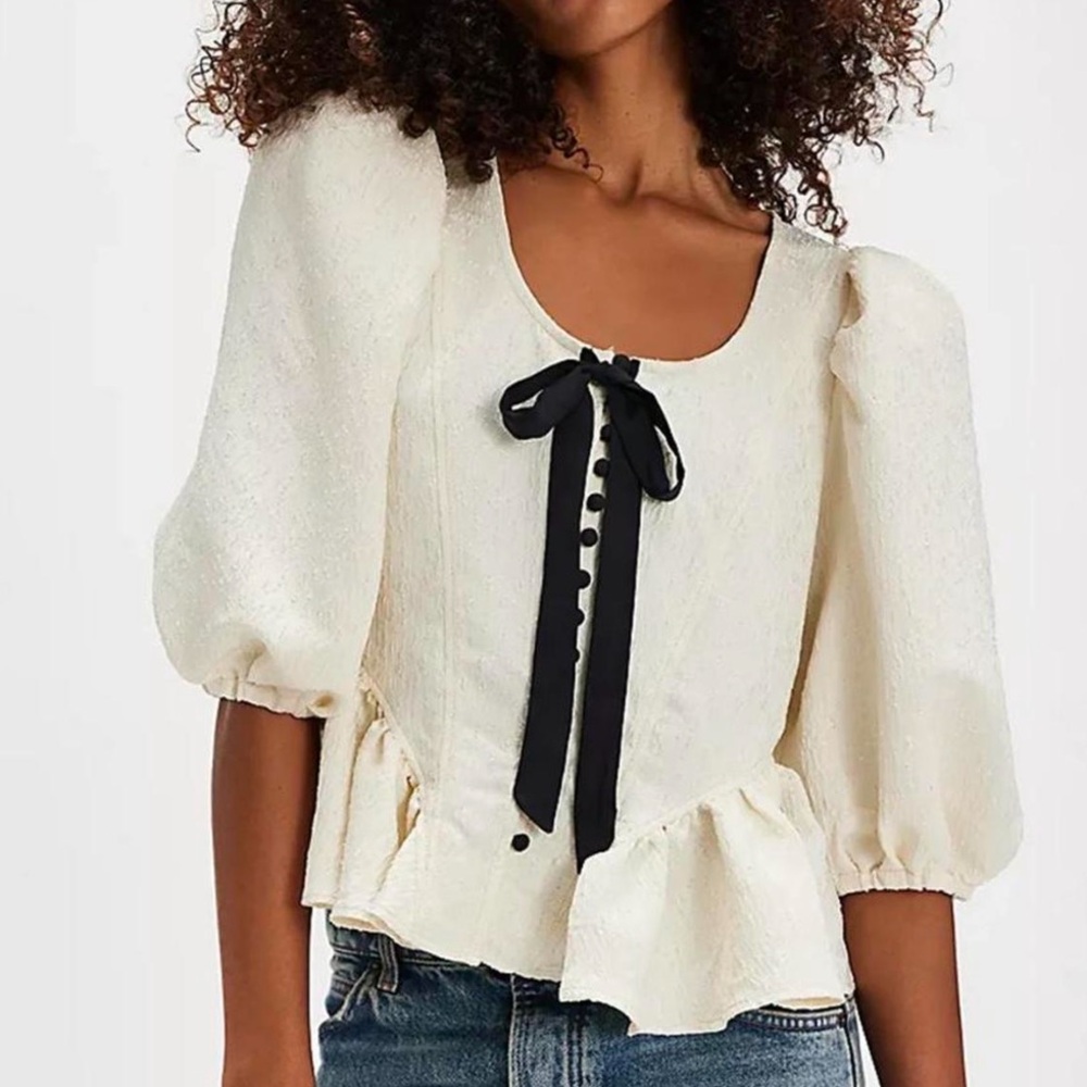 Free People Cream Blouse with Black Ribbon